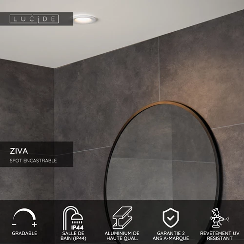 Lucide ZIVA - Spot encastrable Salle de bains - Ø 8,5 cm - 1xGU10 - IP44 - Blanc - USP